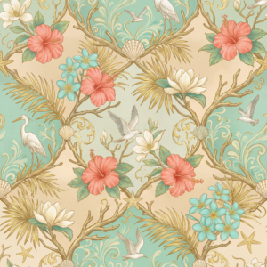Coastal Beach Chinoiserie Floral Seamless Pattern – Luxury Digital Download